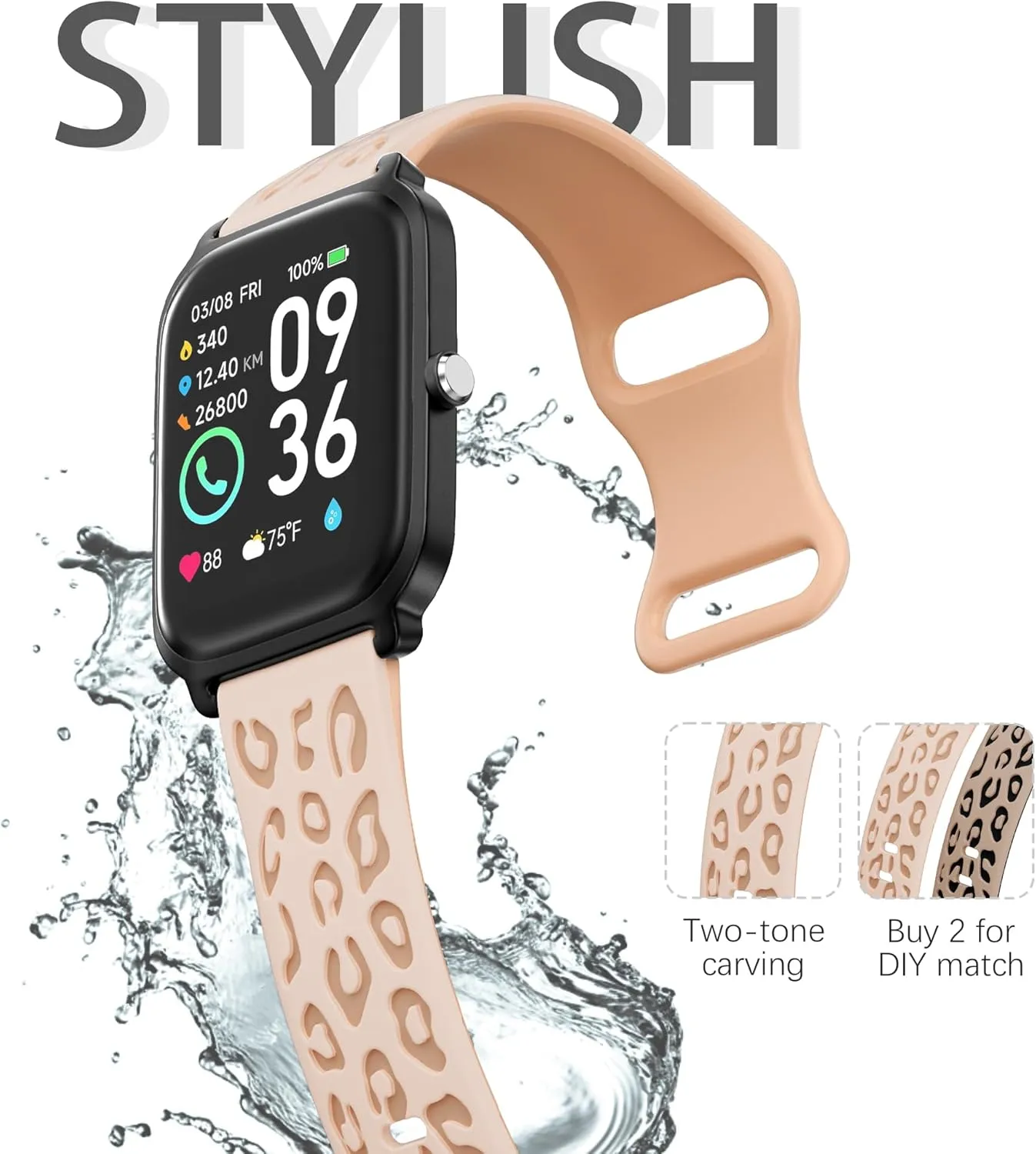 Leopard Engraved Band for IDW13,IDW16,IDW19 Smartwatch Bands,22mm Silicone Replacement Straps for Fitpolo IDW13/Woneligo W13/ENOMIR IDW19/MILOUZ IDW19/Gydom IDW19/Faweio IDW19 Women Men