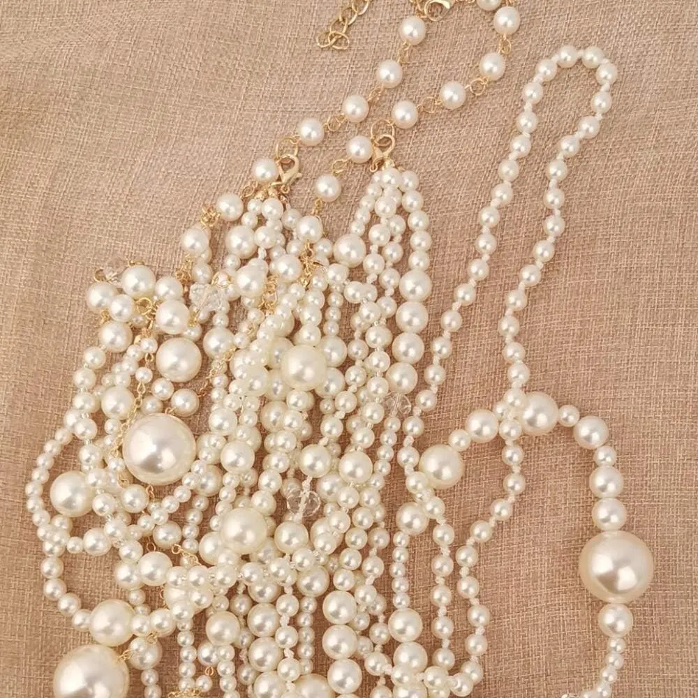 Multilayer Strand Chain Faux Pearls Flapper Beads Cluster Long Choker Necklace