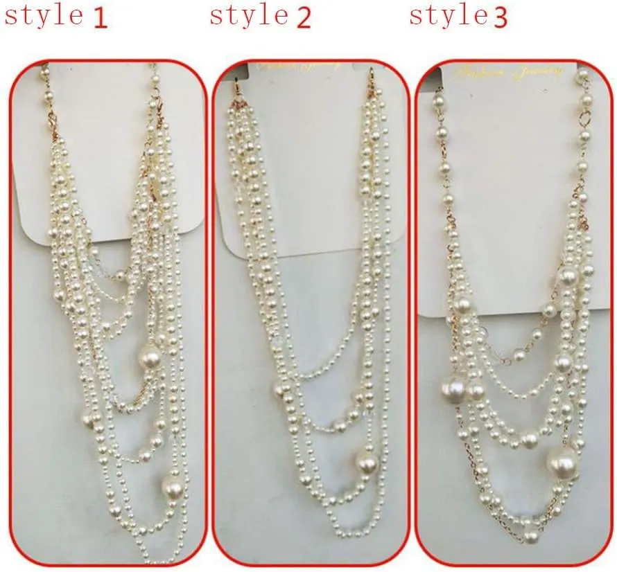 Multilayer Strand Chain Faux Pearls Flapper Beads Cluster Long Choker Necklace