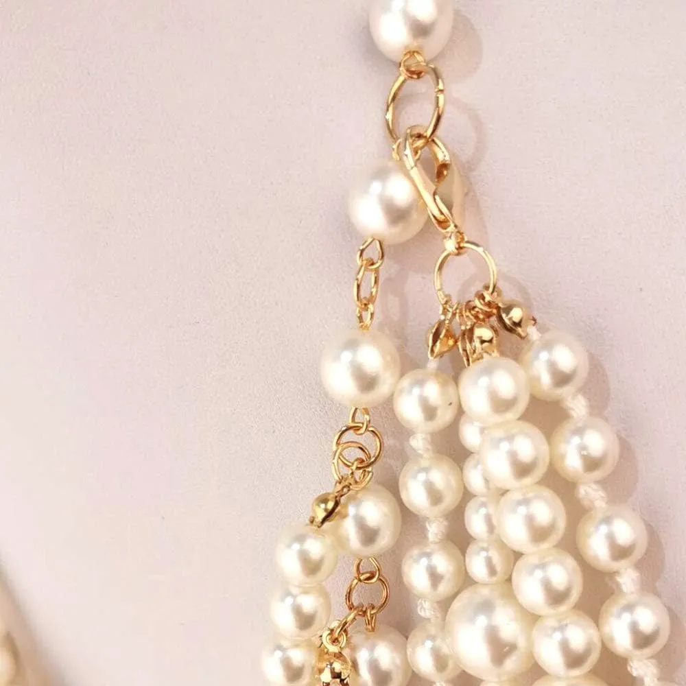 Multilayer Strand Chain Faux Pearls Flapper Beads Cluster Long Choker Necklace