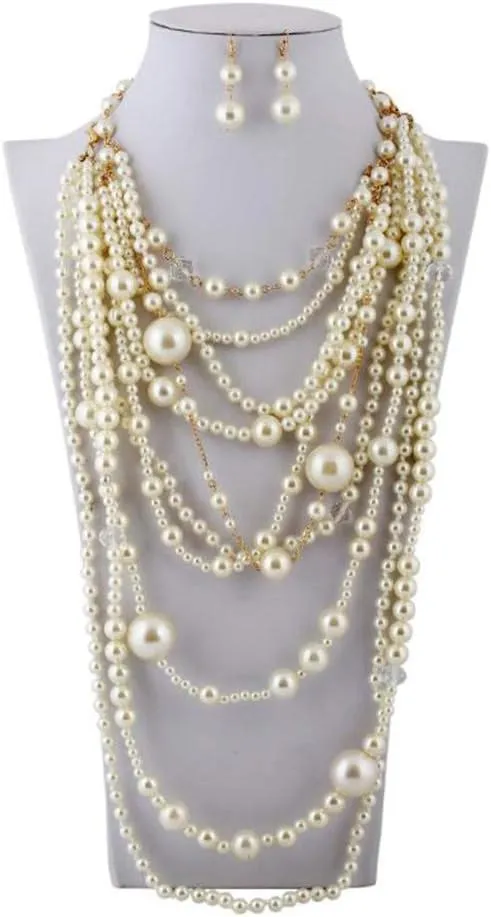 Multilayer Strand Chain Faux Pearls Flapper Beads Cluster Long Choker Necklace