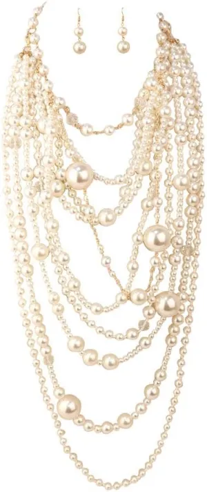 Multilayer Strand Chain Faux Pearls Flapper Beads Cluster Long Choker Necklace