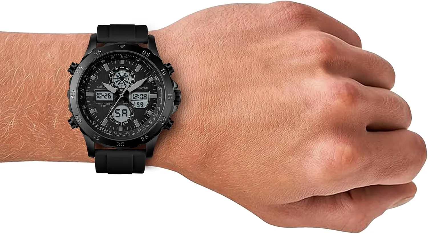 PINDOWS Watch for Men, Waterproof Big Dial Analog Digital Sport Multifunction LED Backlight Fashion Wristwatches, Alarm Stopwatch Calendar