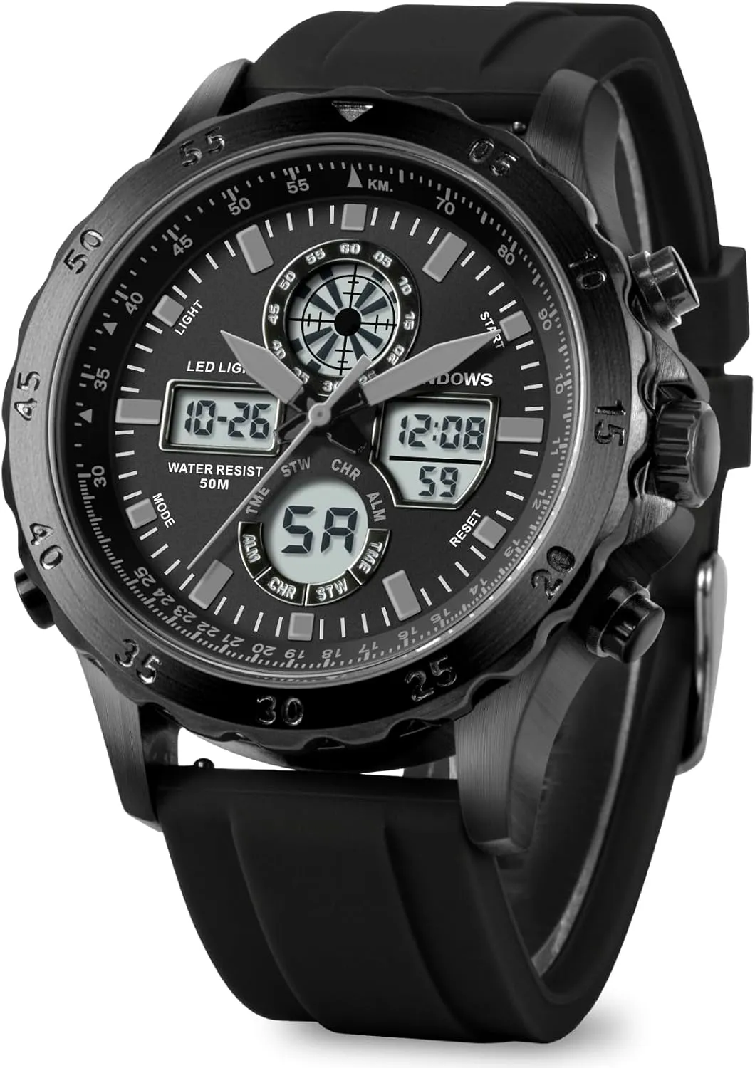 PINDOWS Watch for Men, Waterproof Big Dial Analog Digital Sport Multifunction LED Backlight Fashion Wristwatches, Alarm Stopwatch Calendar