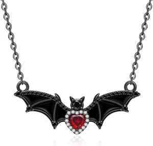 Red Bat Necklace for Women - Gothic 925 Sterling Silver Heart Jewelry - Halloween and Christmas Gifts