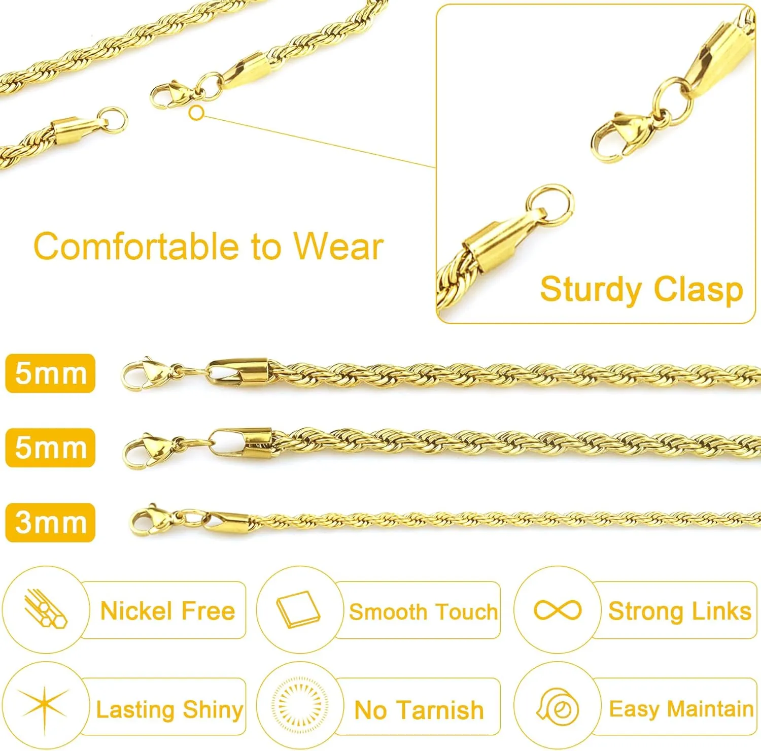 Rope Chain Necklace for Men, 3mm/5mm Twist Mens Chain Necklace with Bracelet, Stainless Steel Rope Necklace Chain for Men Women, 20/24 Inch