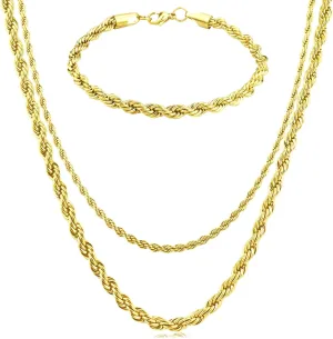 Rope Chain Necklace for Men, 3mm/5mm Twist Mens Chain Necklace with Bracelet, Stainless Steel Rope Necklace Chain for Men Women, 20/24 Inch