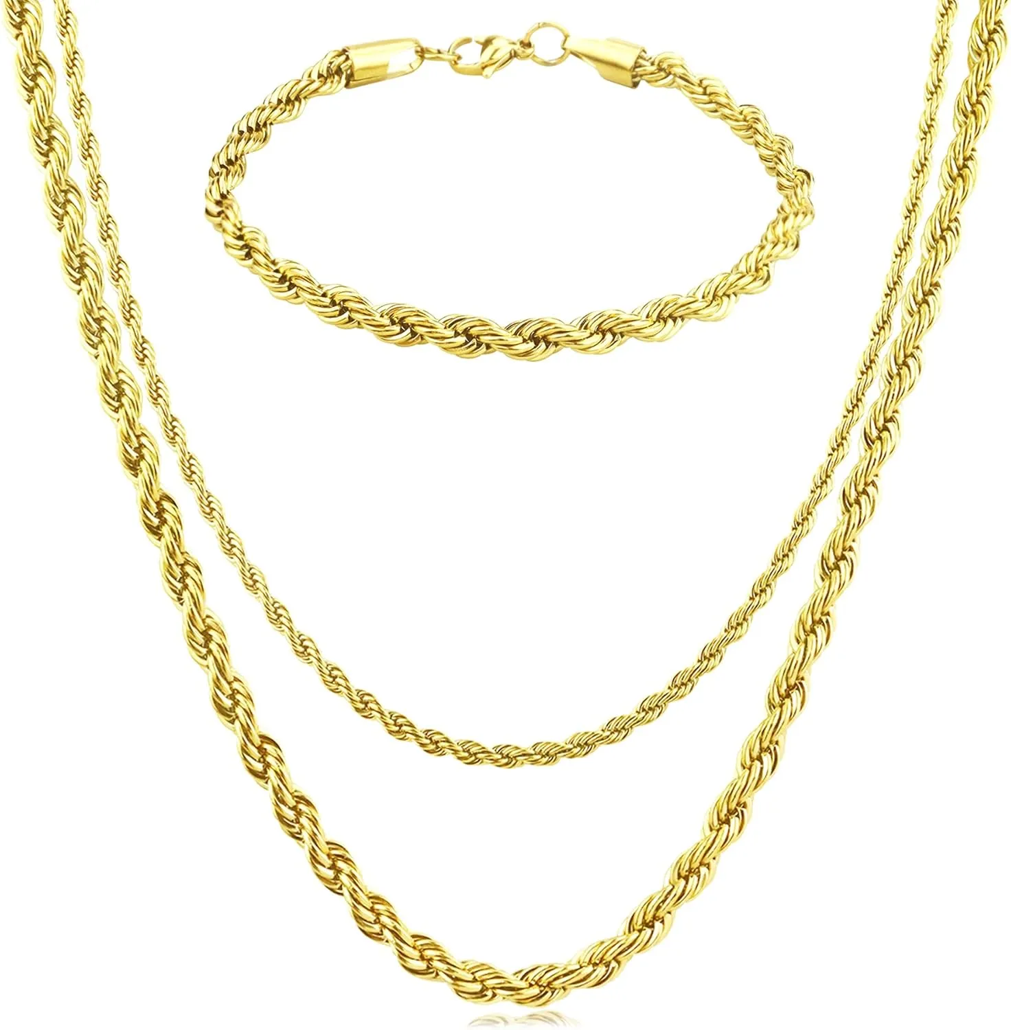 Rope Chain Necklace for Men, 3mm/5mm Twist Mens Chain Necklace with Bracelet, Stainless Steel Rope Necklace Chain for Men Women, 20/24 Inch