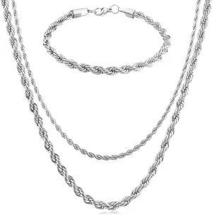 Rope Chain Necklace for Men, 3mm/5mm Twist Mens Chain Necklace with Bracelet, Stainless Steel Rope Necklace Chain for Men Women, 20/24 Inch