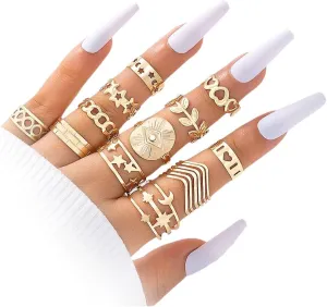 Rrdaily Vintage Gold Stacking Knuckle Ring Set for Women Womens Boho Moon Heart Open Adjustable Rings Joint Finger Stackable Nail Rings Jewelry Gift