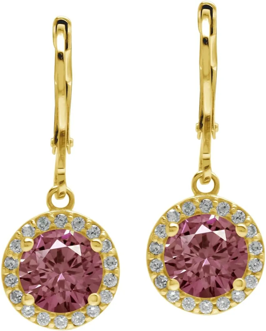 Silvershake 7MM Round Shape Birthstone Gemstone White Gold Plated or Yellow Gold Plated 925 Sterling Silver Halo Leverback Dangle Earrings Jewelry for Women Business Attire