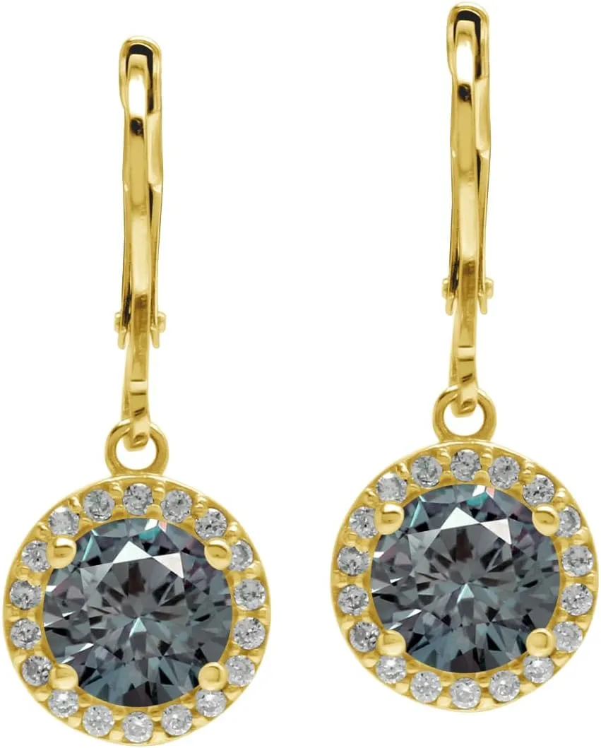 Silvershake 7MM Round Shape Birthstone Gemstone White Gold Plated or Yellow Gold Plated 925 Sterling Silver Halo Leverback Dangle Earrings Jewelry for Women Business Attire