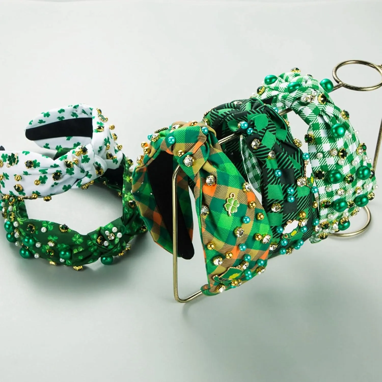 St.Patrick's Day Headband for Women Green Hairpin, Trendy Printed Plaid Fabric Headband, Jeweled Rhinestone Crystal Knotted Printed Headband, (B)