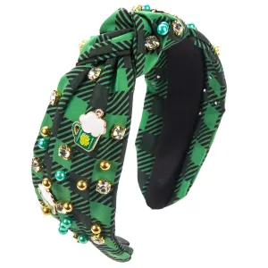 St.Patrick's Day Headband for Women Green Hairpin, Trendy Printed Plaid Fabric Headband, Jeweled Rhinestone Crystal Knotted Printed Headband, (B)