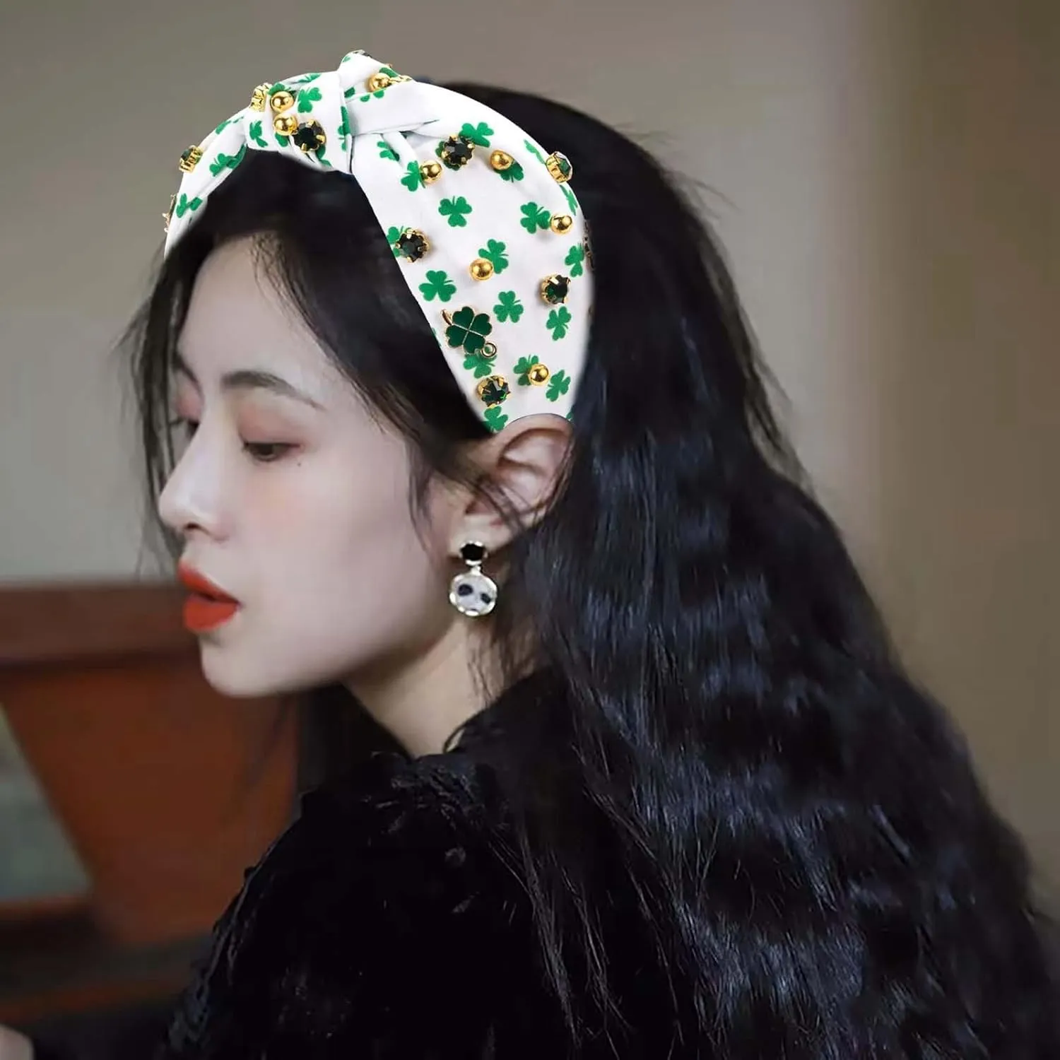 St.Patrick's Day Headband for Women Green Hairpin, Trendy Printed Plaid Fabric Headband, Jeweled Rhinestone Crystal Knotted Printed Headband, (B)