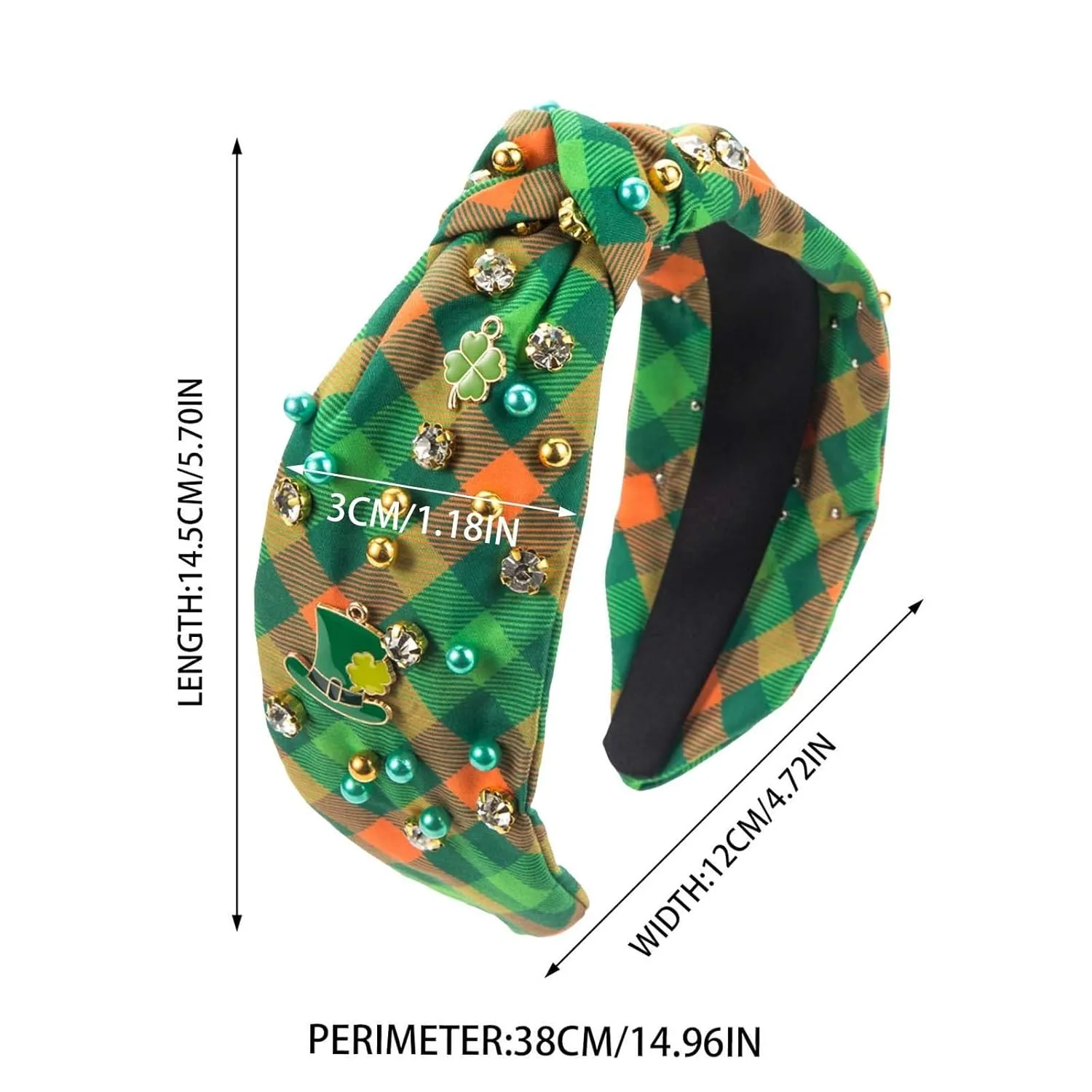 St.Patrick's Day Headband for Women Green Hairpin, Trendy Printed Plaid Fabric Headband, Jeweled Rhinestone Crystal Knotted Printed Headband, (B)