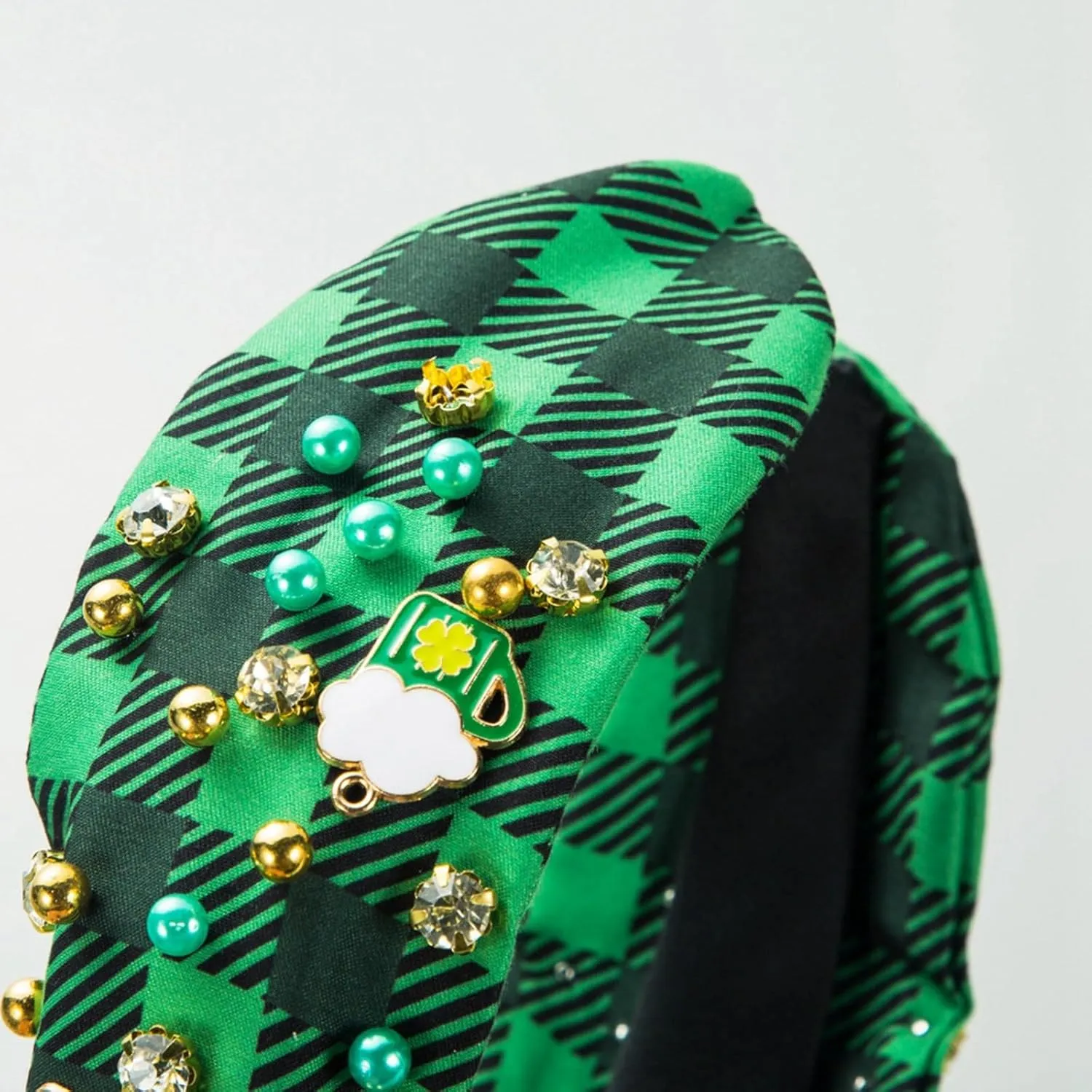 St.Patrick's Day Headband for Women Green Hairpin, Trendy Printed Plaid Fabric Headband, Jeweled Rhinestone Crystal Knotted Printed Headband, (B)