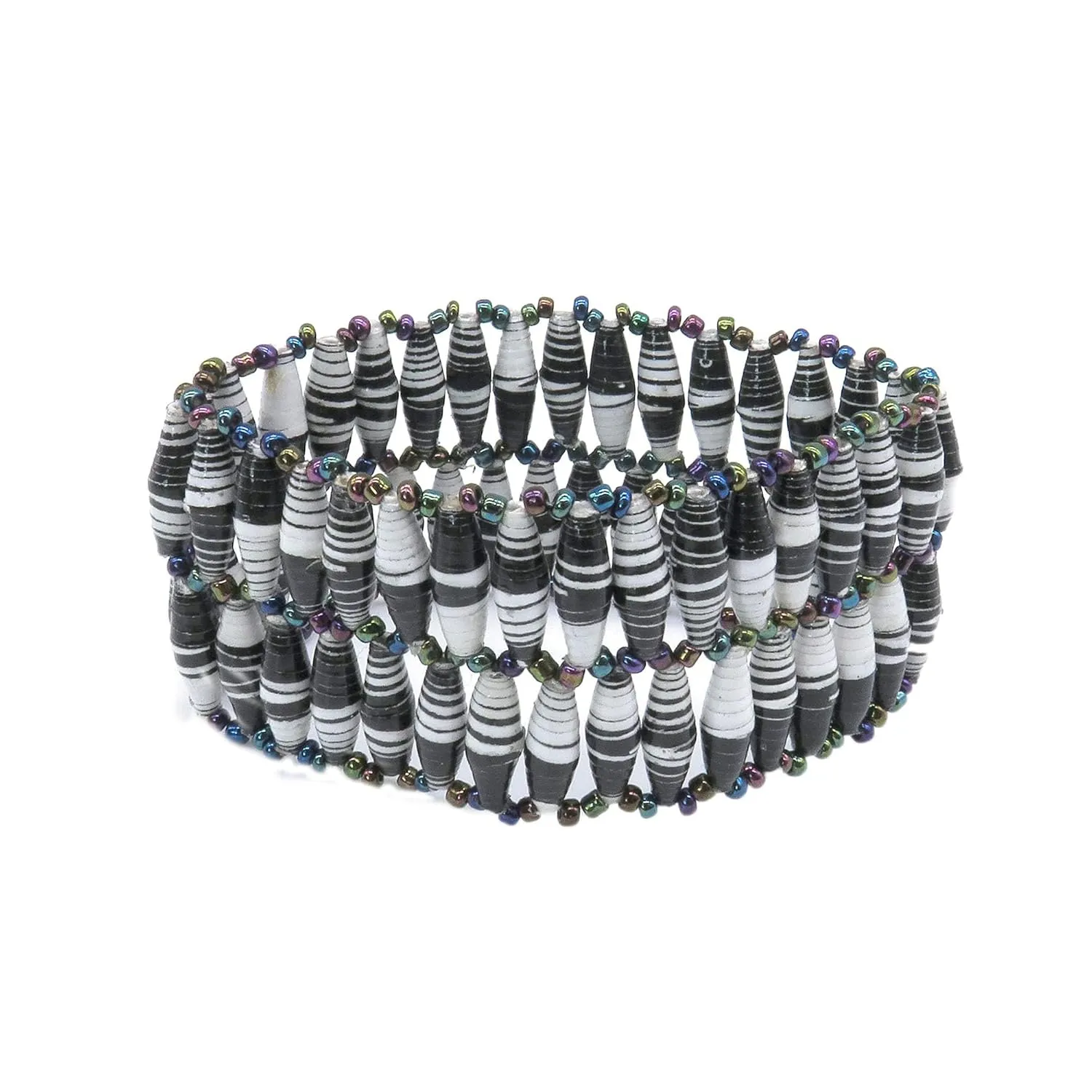 Stretch Bracelets - Black & White Striped Bracelets for Women - Recycled Paper Beaded Bracelet - Stretch Bracelets Handmade in Africa - Bracelets Gifts for Women