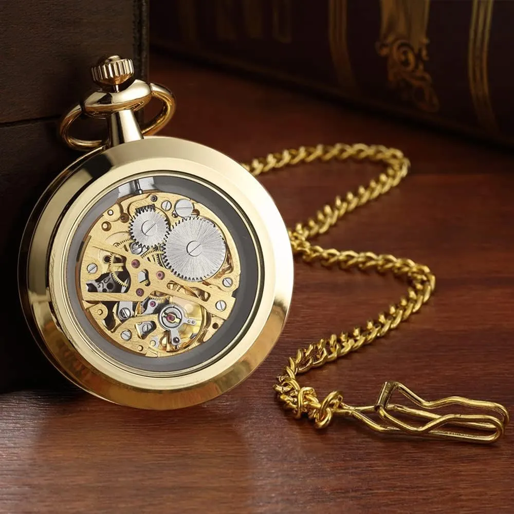 VIGOROSO Mens Classic Steampunk Pocket Watch with Chain Skeleton Hand Wind Mechanical Pocket Watches for Men & Women