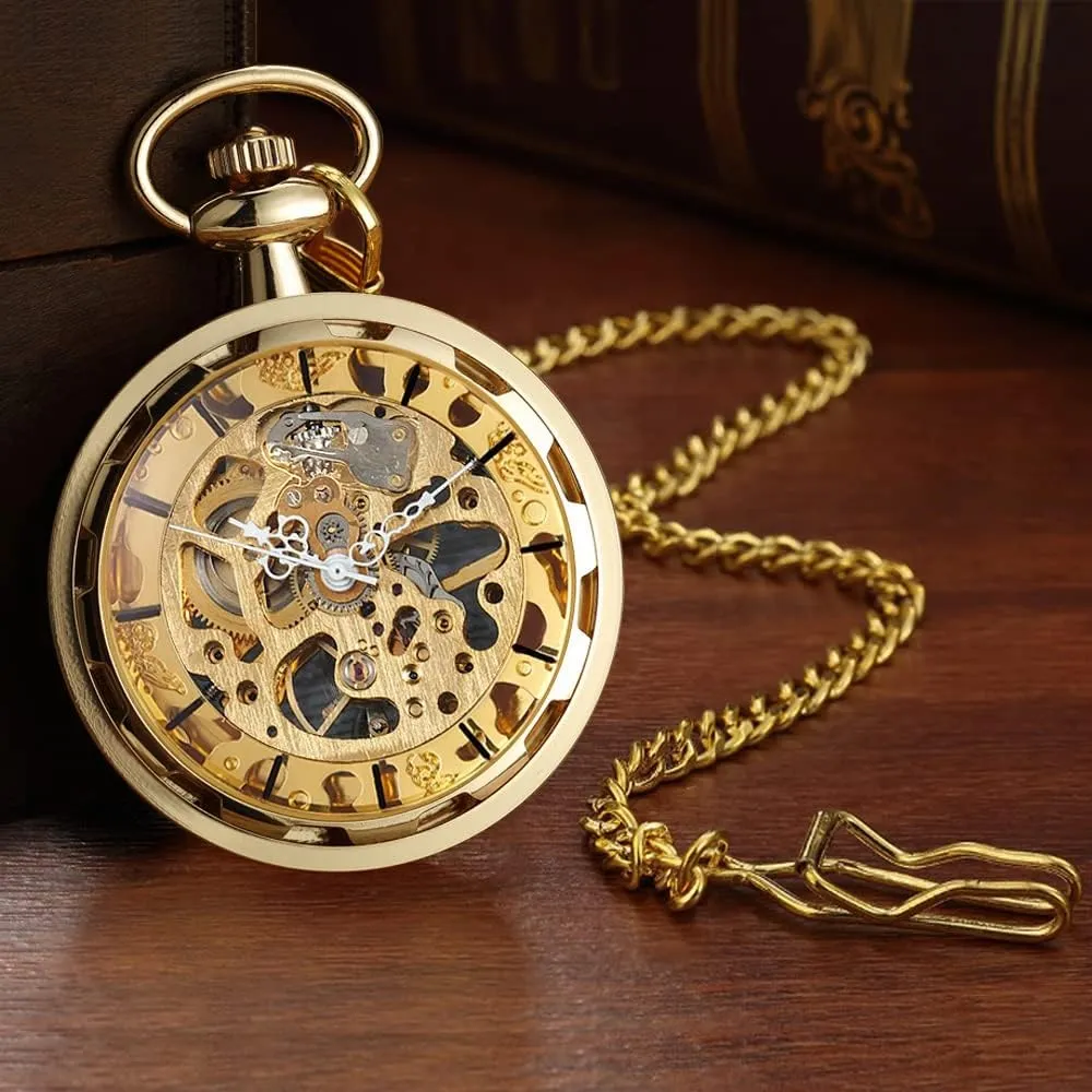 VIGOROSO Mens Classic Steampunk Pocket Watch with Chain Skeleton Hand Wind Mechanical Pocket Watches for Men & Women