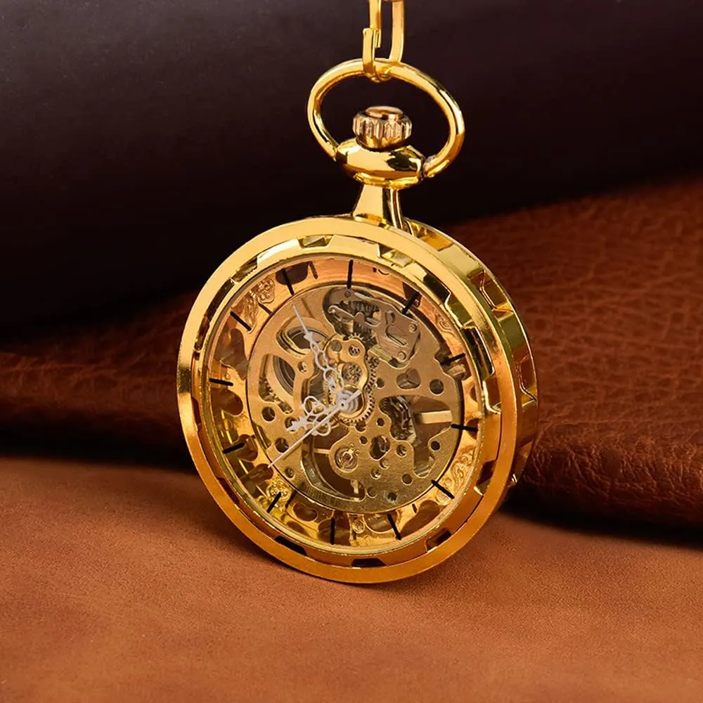 VIGOROSO Mens Classic Steampunk Pocket Watch with Chain Skeleton Hand Wind Mechanical Pocket Watches for Men & Women