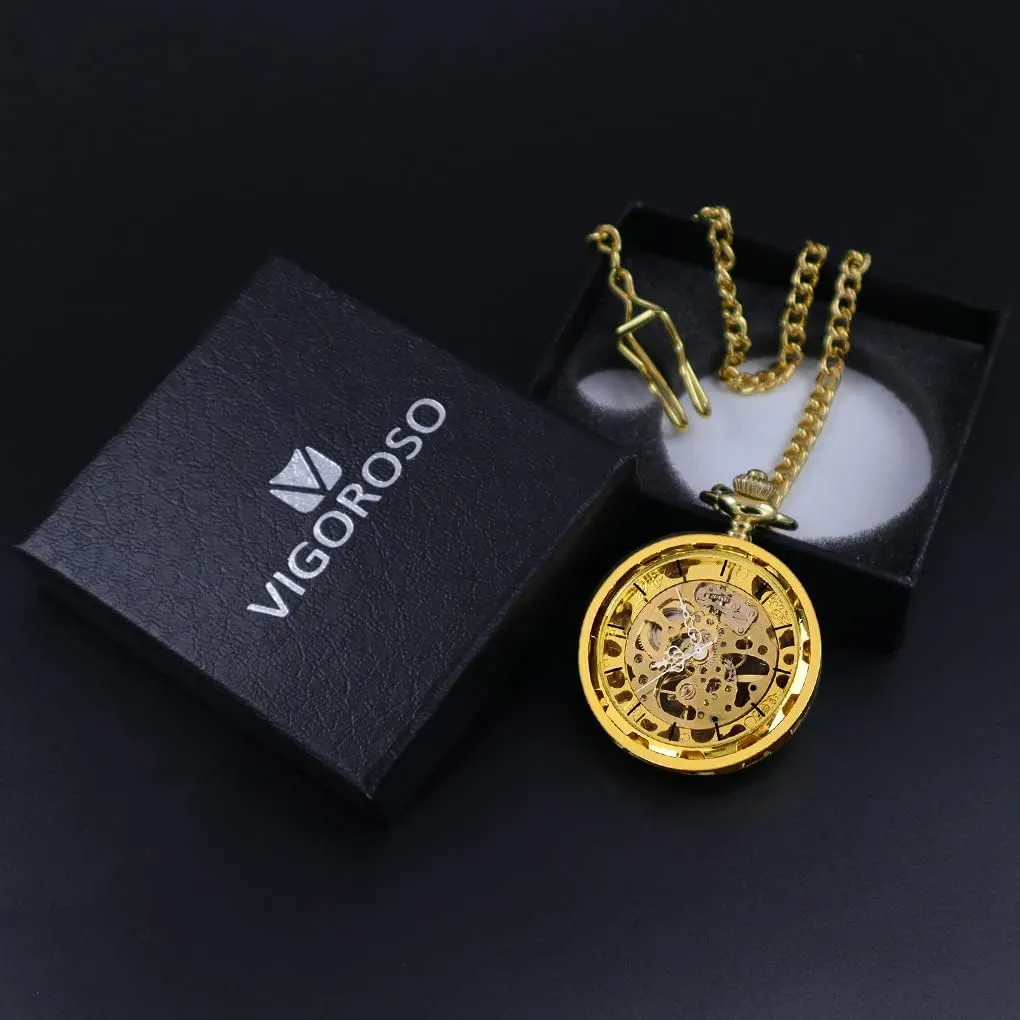 VIGOROSO Mens Classic Steampunk Pocket Watch with Chain Skeleton Hand Wind Mechanical Pocket Watches for Men & Women