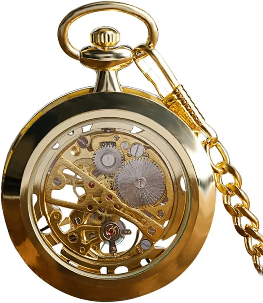 VIGOROSO Mens Classic Steampunk Pocket Watch with Chain Skeleton Hand Wind Mechanical Pocket Watches for Men & Women