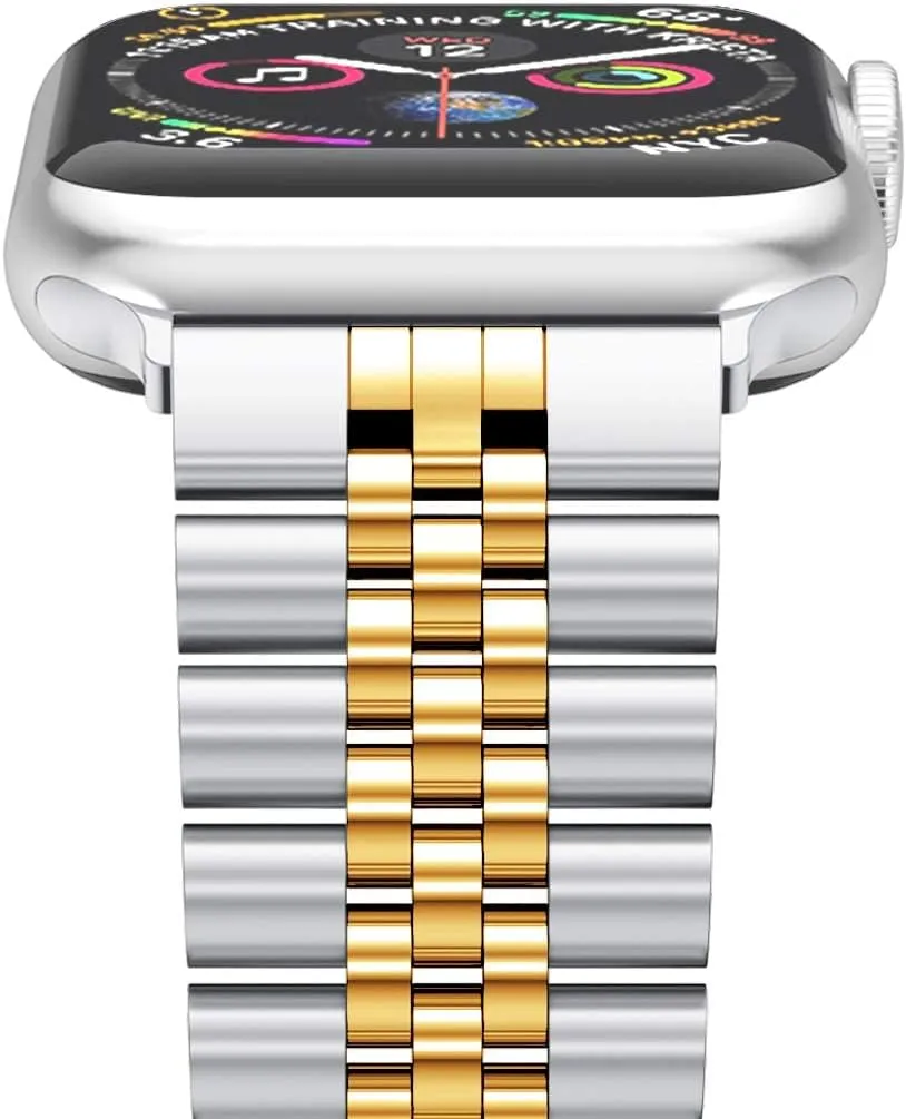 Wolait Compatible with Apple Watch Ultra 2 Band 49mm 46mm 45mm 44mm 42mm,Stainless Steel Heavy Band with Butterfly Folding Clasp Link Bracelet for iWatch Ultra Series 10/9/ 8/7/6Men,Silver/Gold